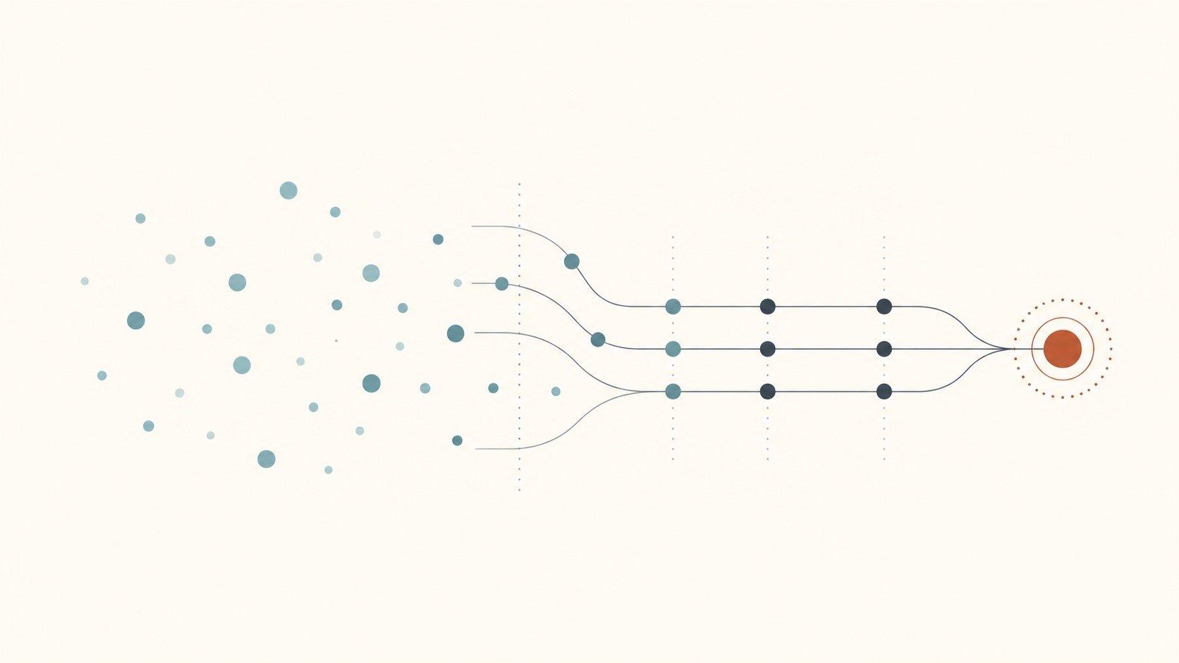 Datos dispersos que se ordenan en un patrón y convergen en un hallazgo — comprender para la acción